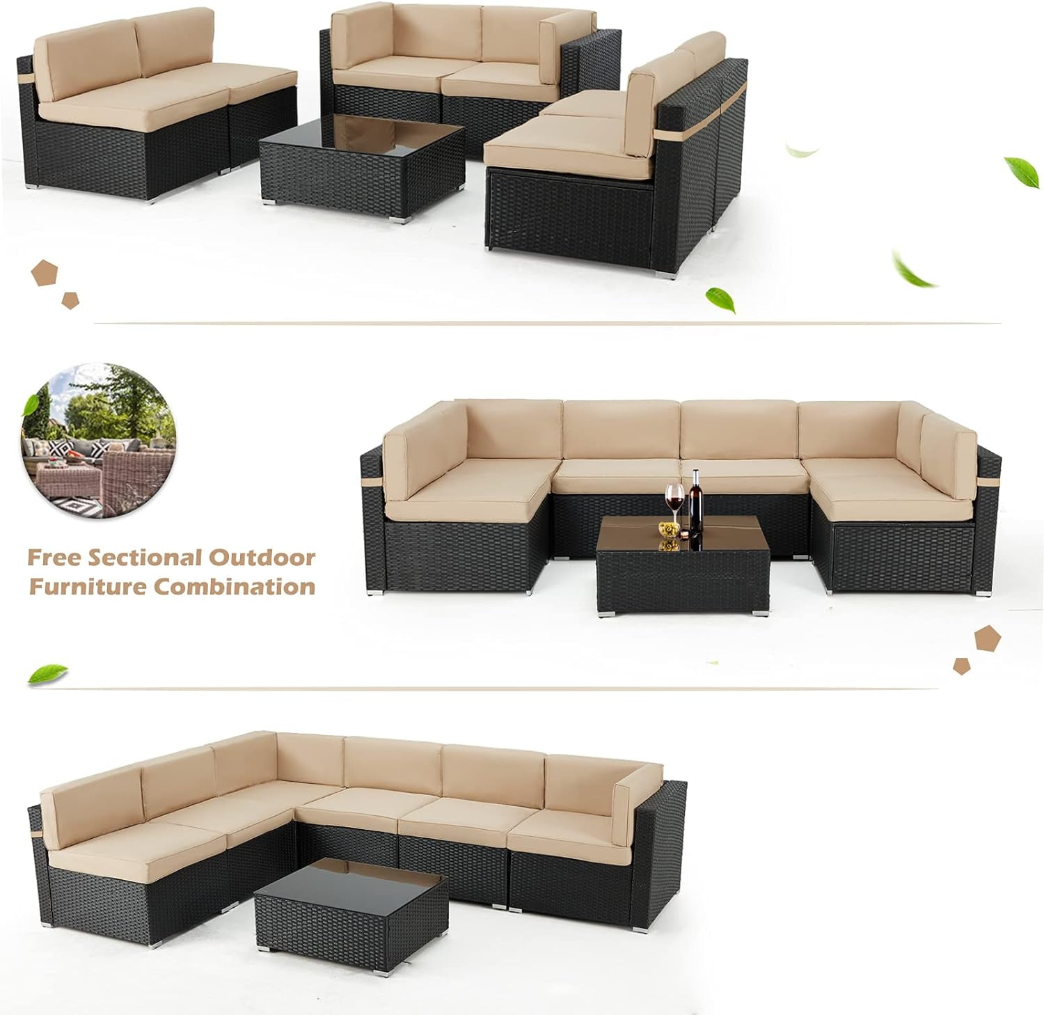 YODOLLA 7-Piece Patio Furniture Set on Sale, Black Rattan Wicker Outdoor Sectional Sofa Couch with Table Patio Conversation Set for Lawn& Backyard In Beige