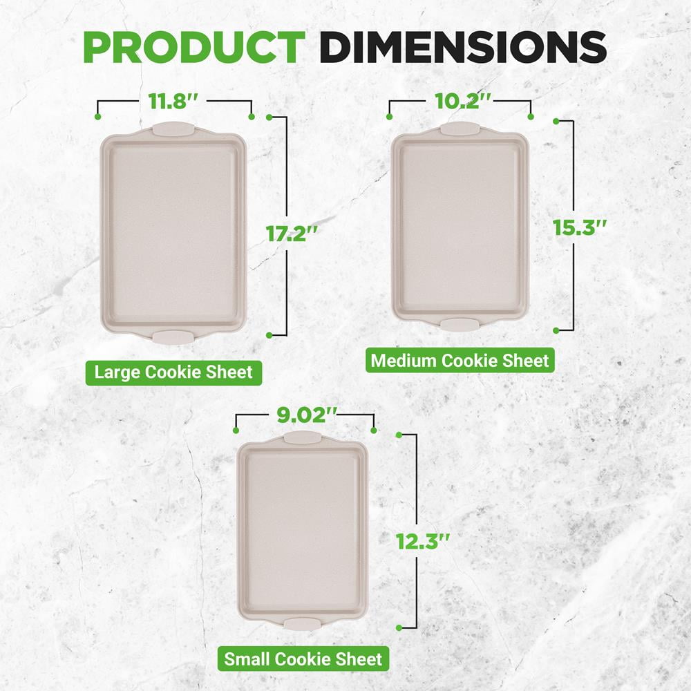3 Piece Non-Stick Cookie Sheet Tray Set with Silicone Handles for Baking (Cream Marble)
