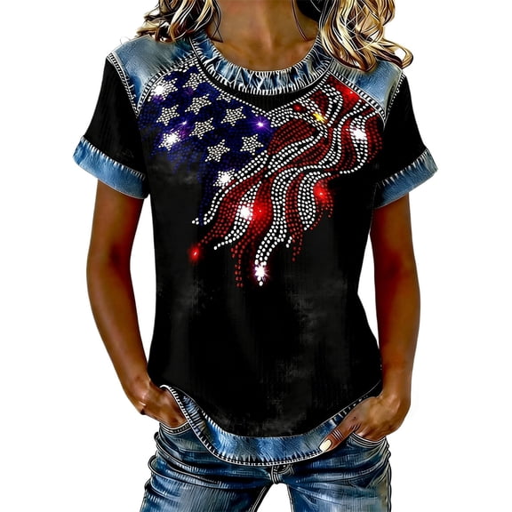 Tfken Independence Day Women Shirts 250Th Anniversary Crewneck Short Sleeve Sequins Tops For America 4Th Of July Patriotic Female Classic T-Shirts Black