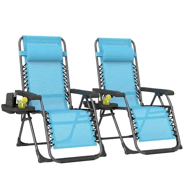 Outsunny Zero Gravity Chair Set of 2 with Cup Holder, Headrest, Sky Blue
