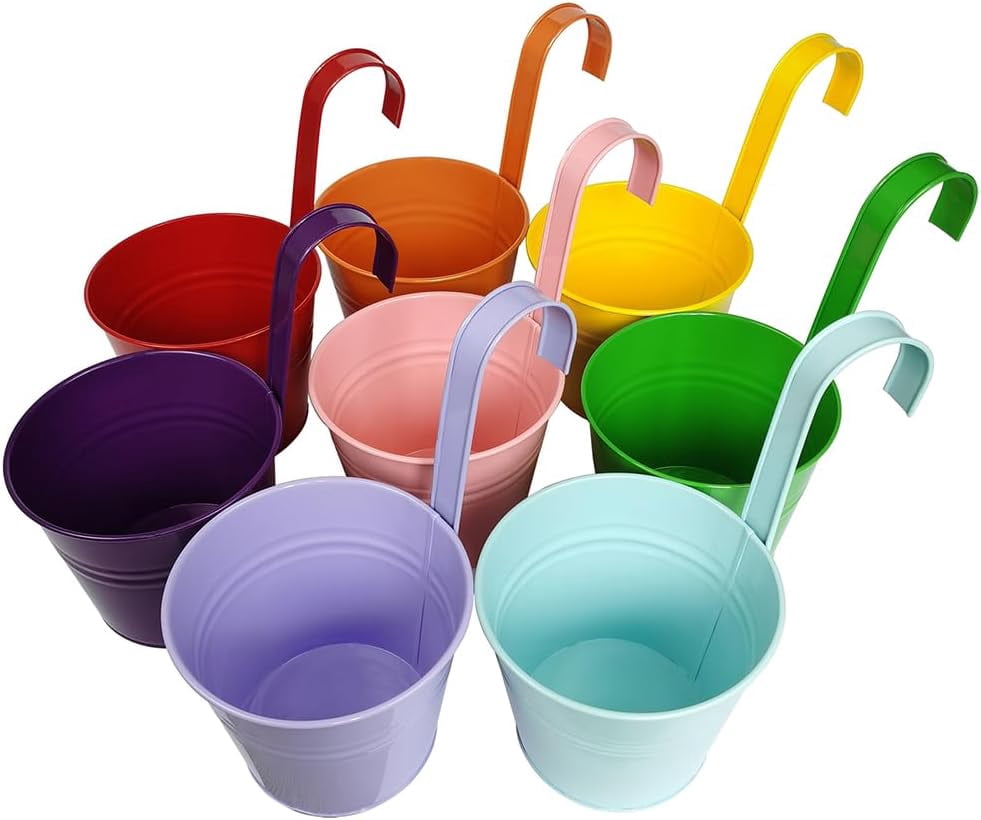 10Pack Round Railing Flower Bucket,Fence Planters Outdoor,Multicolor Hanging Plant Pots,Metal Succulent Container Box,for Balcony Patio Yard Garden (Random Color)