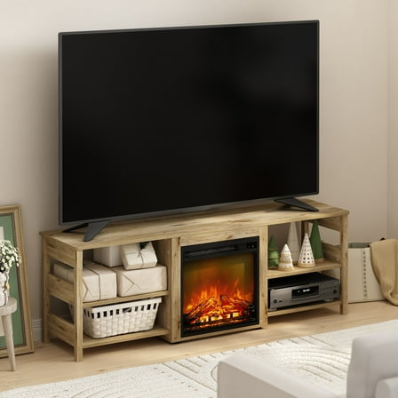 Furinno CLASSIC Fireplace TV Stand for TV up to 70" in Brown Oak