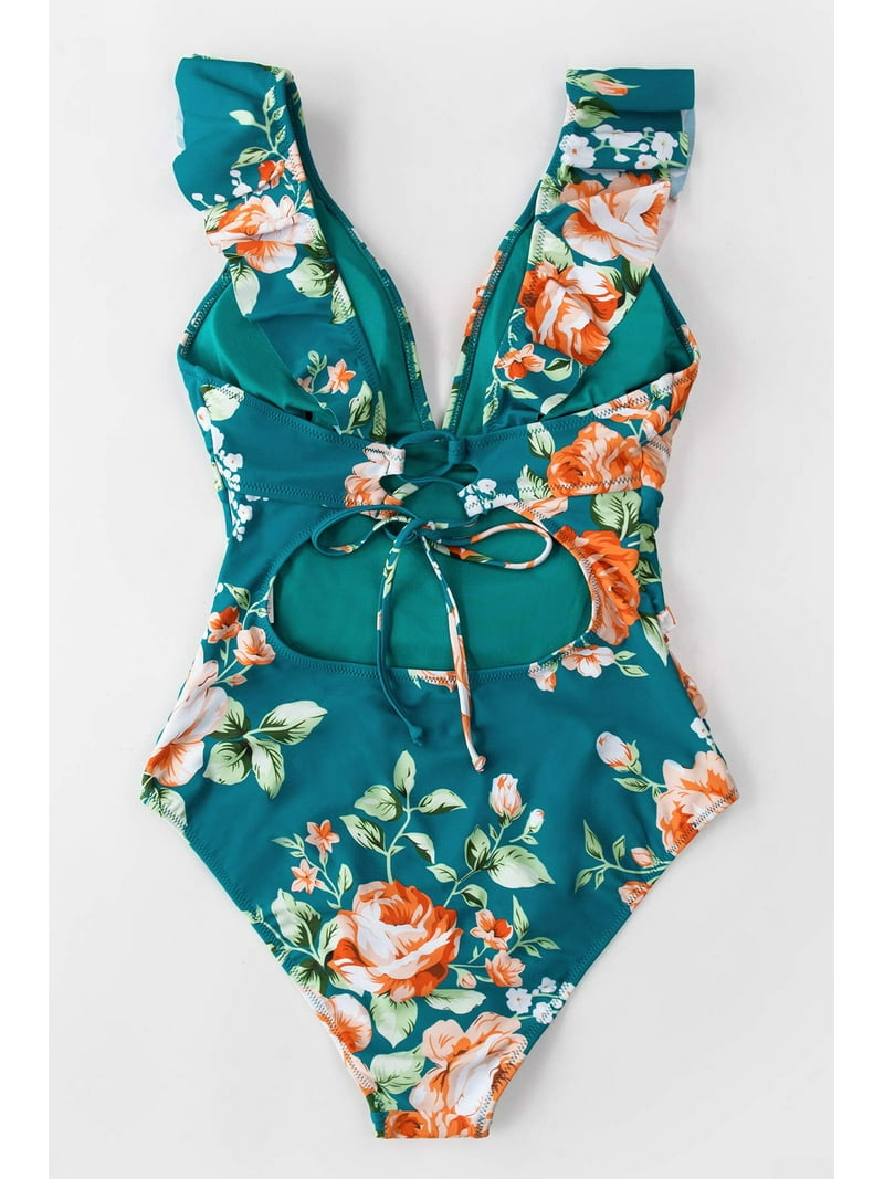 【CUPSHE】フローラル ラッフルVネック ワンピース水着 *送関込* Cupshe Women's One Piece Swimsuit, Ruffle V Neck, Tummy