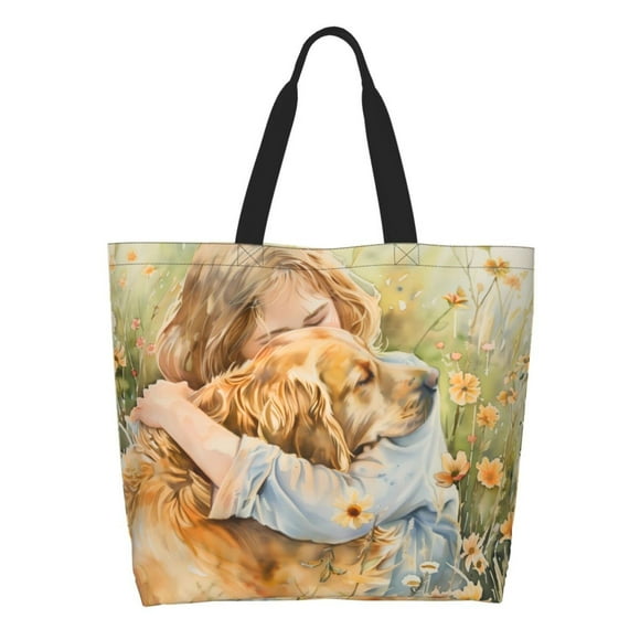 Gaeub Girl Hugging Dog Flowers Tote Bags for Women,Large Capacity Bag Reusable Grocery Shoulder Bag with Inner Pockets