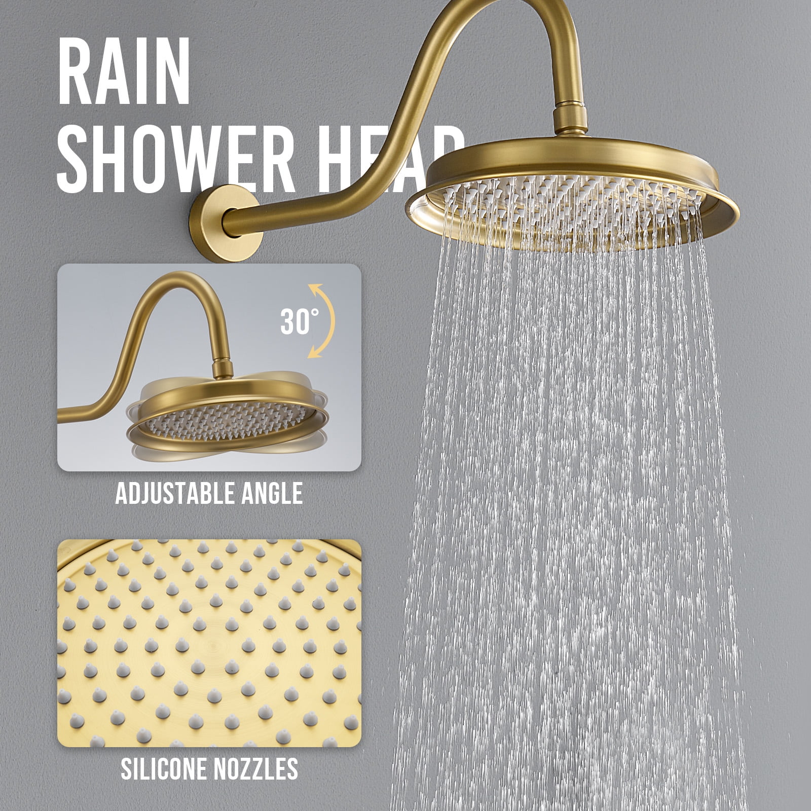 Brushed-Gold Antique Shower System with Jets: 9 inch Rain Faucet Sets Complete Wall Rainfall Head and Handheld Spray Fixtures Combo, 3 Way Diverter Brass Rough in Valve Trim Kit