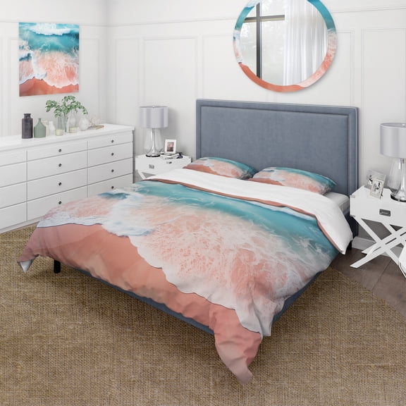 Designart "Aerial View of Beach in Blue and Pink II" Coastal Beach Bedding Covert Set - Beach Pink Coastal Bed Set With 2 Shams