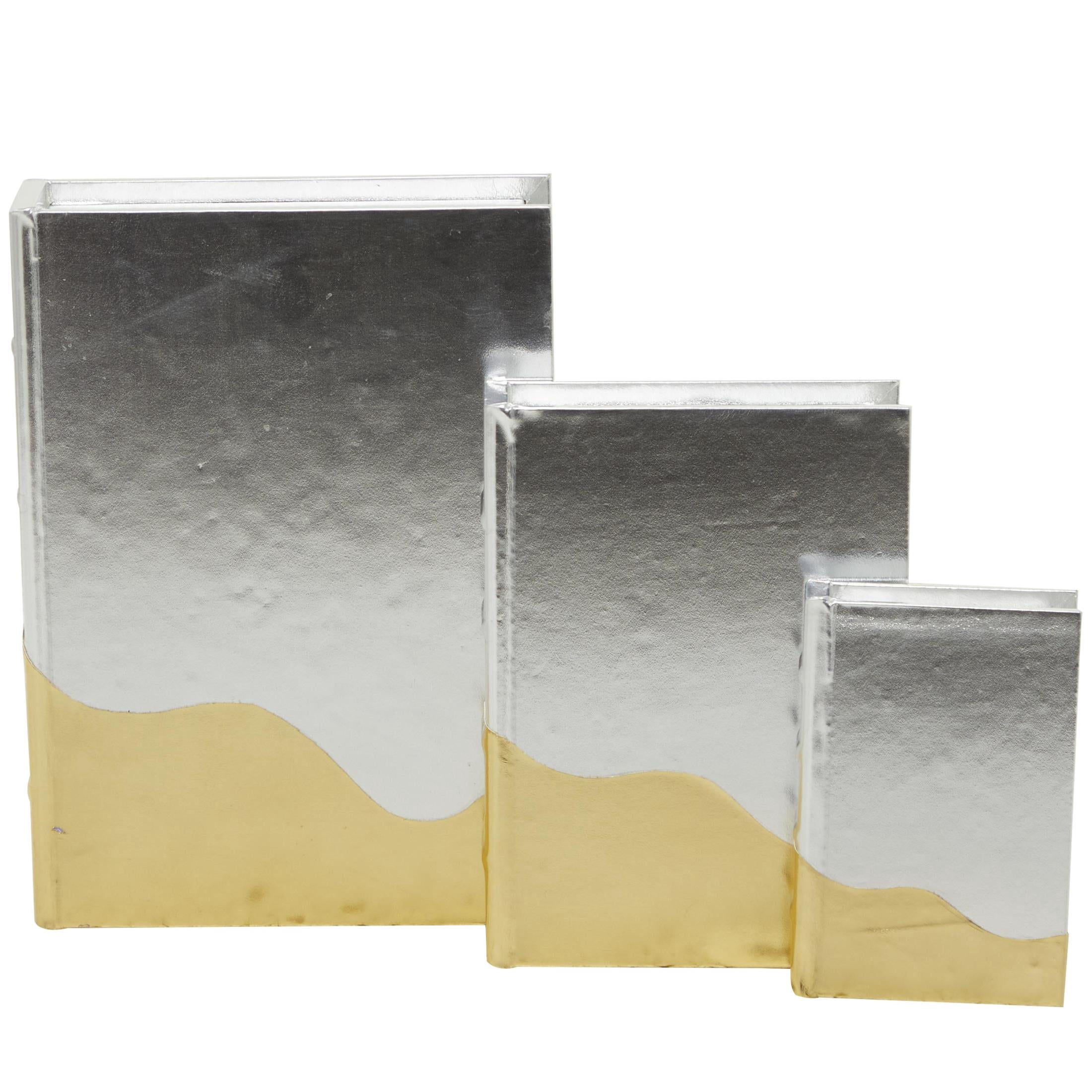 CosmoLiving by Cosmopolitan Metallic Faux Book Storage Silver Faux Leather Decorative Box with Wavy Gold Design, 3 Count