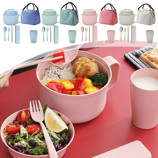 Juego de tazones de ramen para microondas con tapa, utensilios y bolsa térmica - Tazón grande de 33 oz, tazón pequeño de 16 oz, palillos, cuchara, tenedor - Material de fibra de paja - Kit de comida