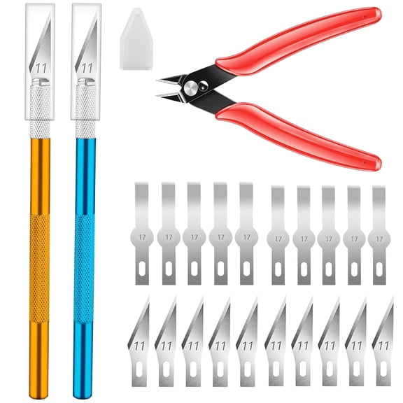 KUAIQU 2-Pack Exacto Knife with 20 Spare Blades 1 Pliers Hobby Craft Knife Set for DIY Craft Art Cutting 3D Model Stencils Electronics Repair Blue & Golden