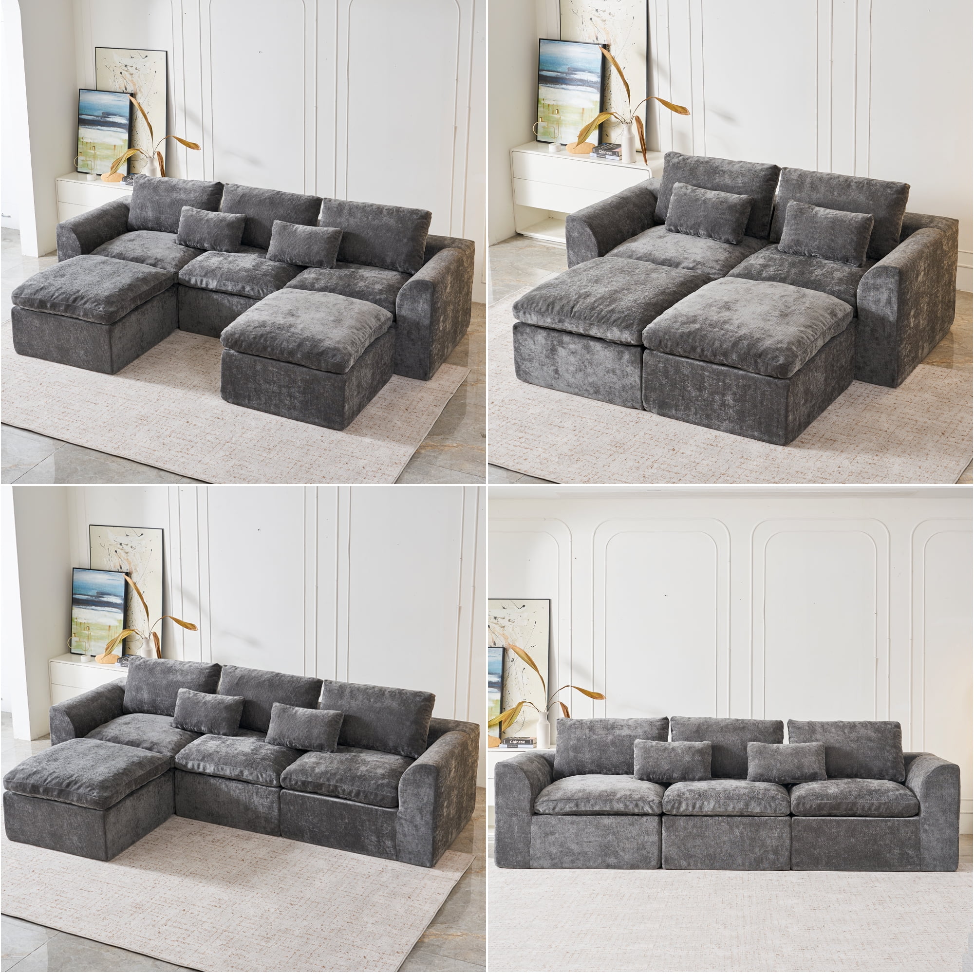 YINIX 120" Modular Sectional Sofa with Movable Ottomans, U-Shaped Couch for Living Room, No Assembly Required, Grey