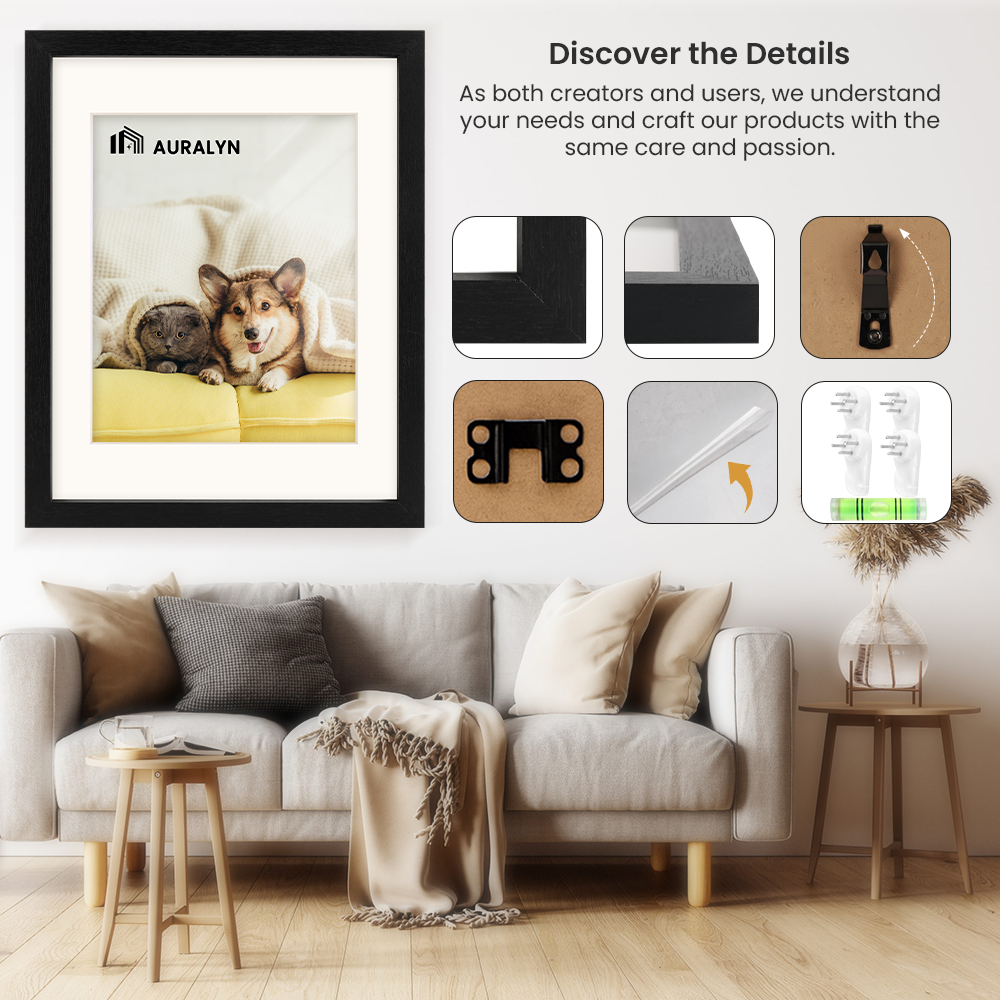 AURALYN 16x20 Picture Frames Set of 3, Fits 12x16 with Mat – Safe for Fingers, Includes Hanging Kit – Gallery Wall Frames, Black
