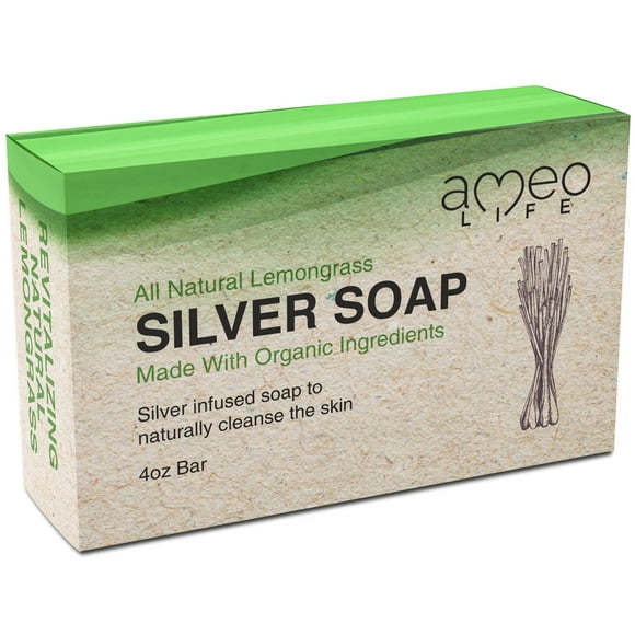Ameo Life Jabón de plata de hierba de limón con 30 ppm de plata - Limpia naturalmente la piel Barra de jabón de plata coloidal de 4 oz para mujeres y hombres