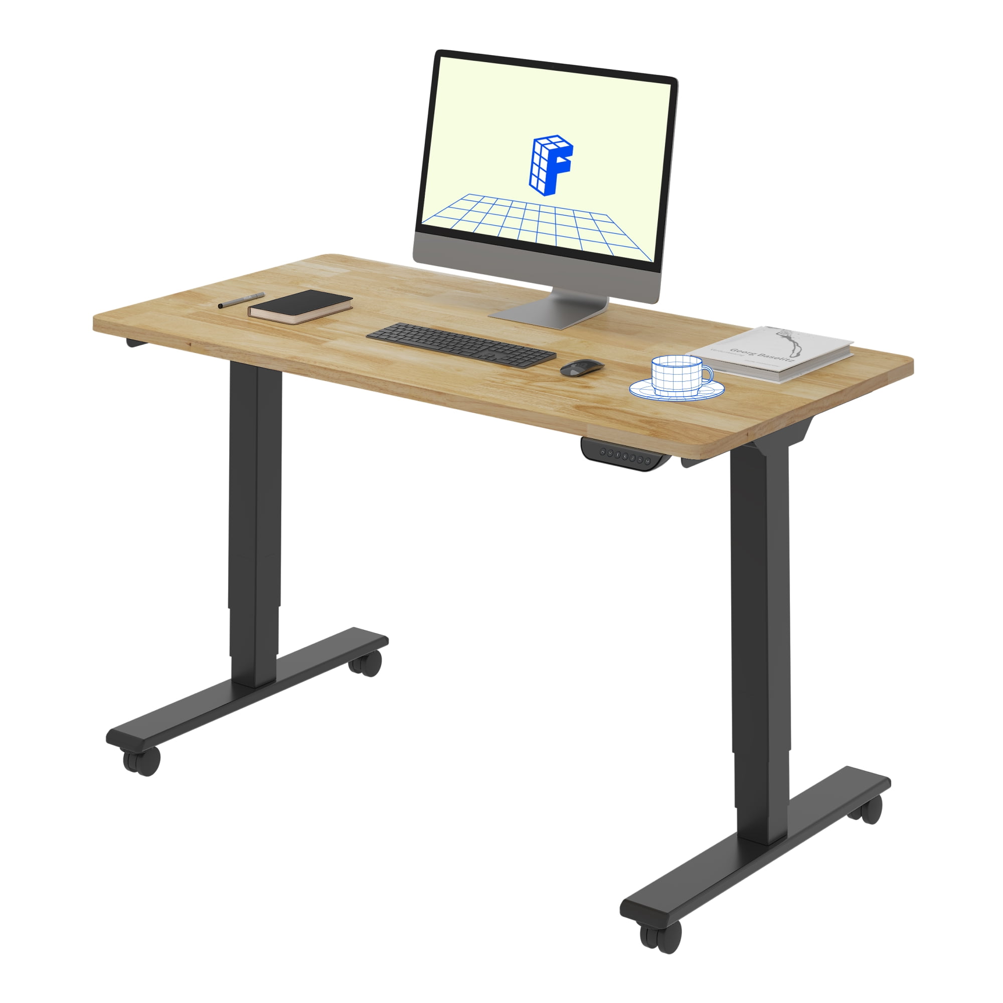 FLEXISPOT E6 48"x24" Dual Motors 3-Stage Standing Desk Solid Wood Home Office Height Adjustable Desk with Wheels, Solid Rubber Wood Desktop and Black Frame