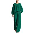 thumbnail image 2 of Mifsaly 2 Piece Linen Set for Women Crewneck Balloon Sleeve Tops and Lounge Trousers Trendy Going Out Travel Airport Vacation Matching Outfits, 2 of 6