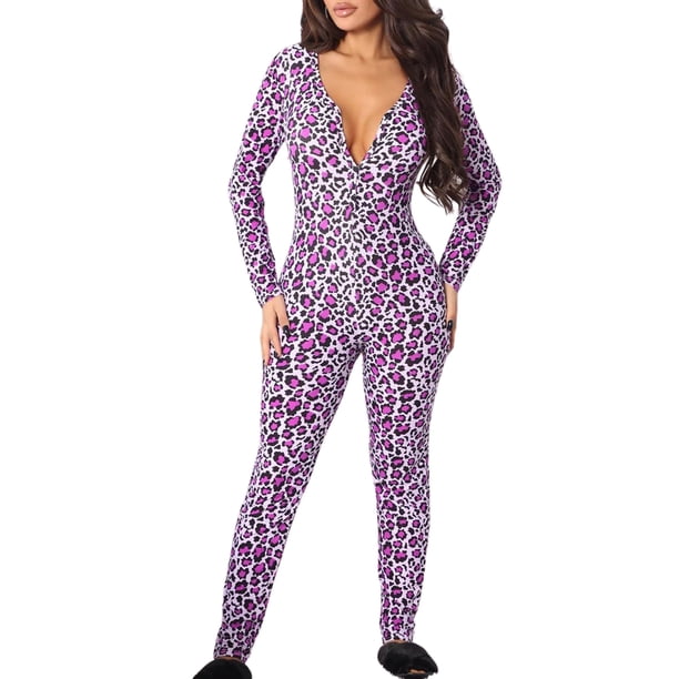 VISgogo Mono con Estampado de Leopardo Animal para Mujer, Manga Larga con Escote en V Profundo Bodycon Pantalones Largos Body Ropa de Dormir VISgogo moda