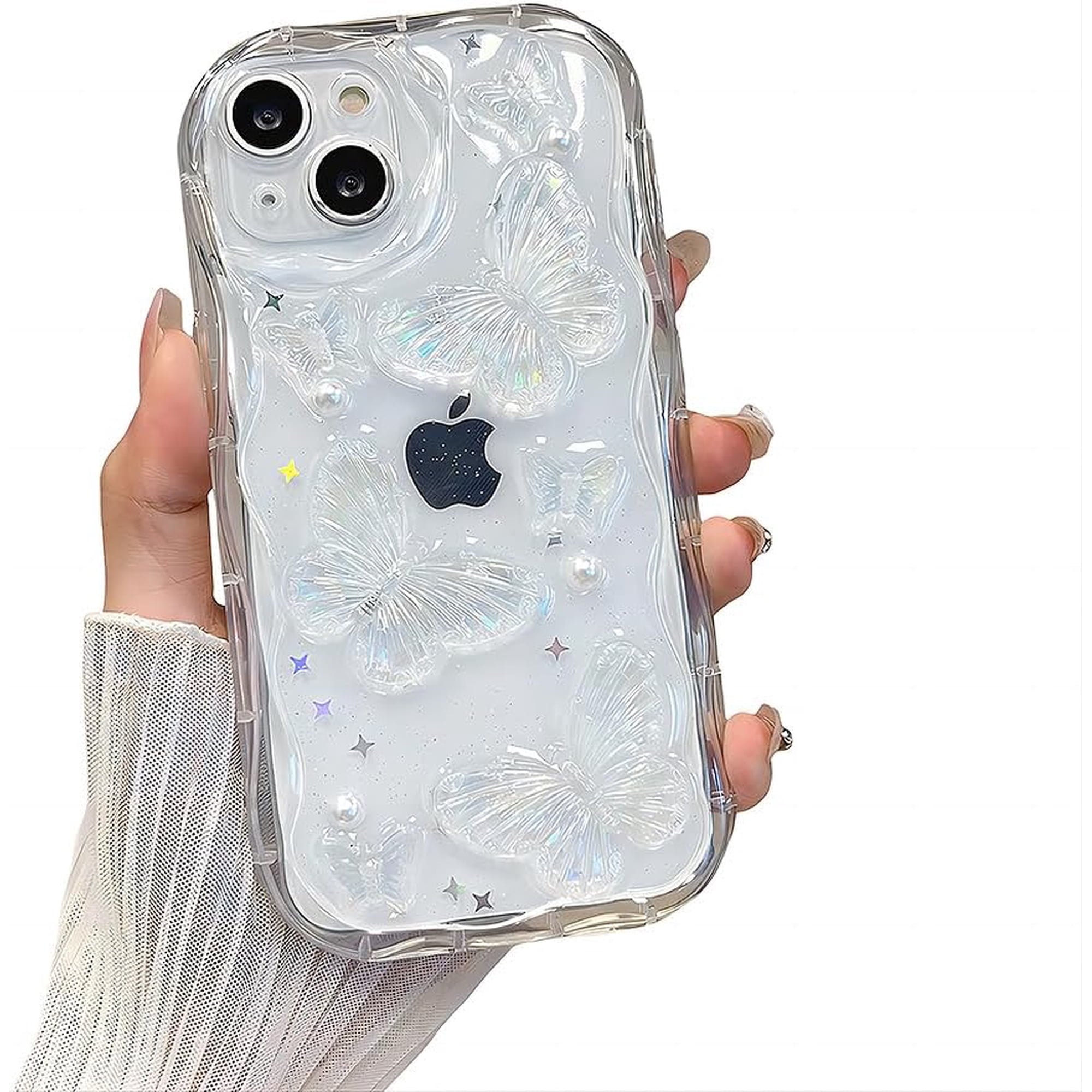 Designed for iPhone Case Cute Water Wave Frame 3D Butterfly Pearl Glitter Shockproof Protective Cover Phone Case (iPhone 14 Plus White)
