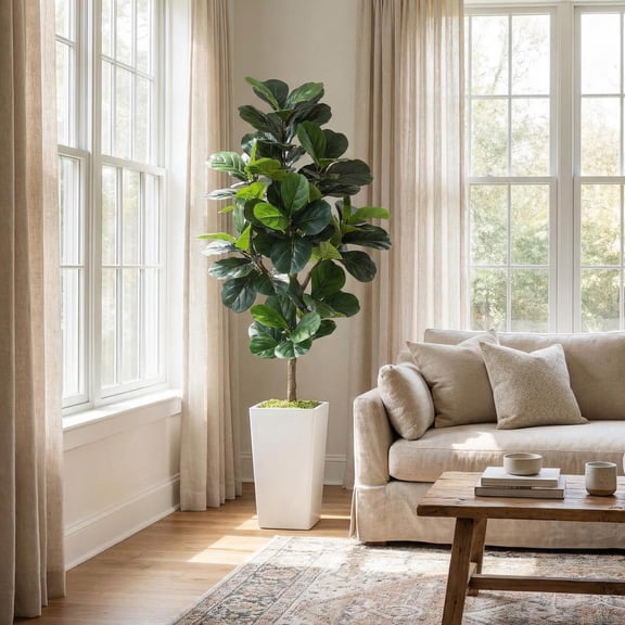 5ft Artificial Fiddle Leaf Fig Tree Realistic Faux Ficus Lyrata with Ceramic Pot, Large Fake Floor Plant for Home Office Living Room Decor