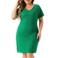 thumbnail image 4 of DARING DIVA Plus Size Floral Bateau V Neck Short Sleeves Lace Dress 2X Green, 4 of 6