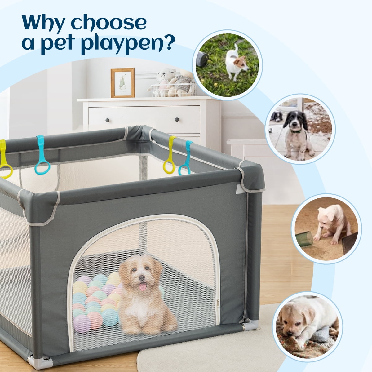 Dog Playpen, 36 x 36 x 27 Inch Portable Indoor Pet Playpen with Soft Mesh and Sturdy Frame, Gray