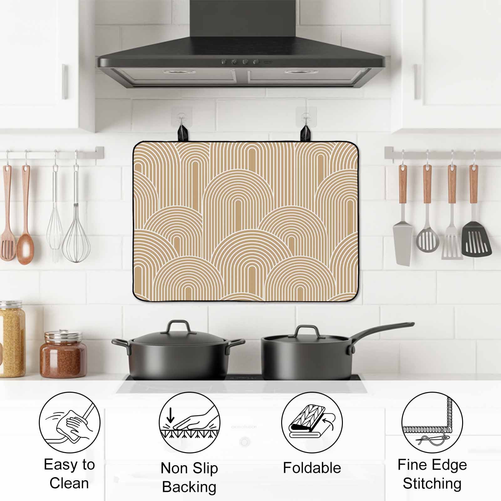 Khaki Boho Stove Top Cover for Electric Stove, Heat-proof & Non Slip Glass Top Stove Cover Protector, Middle Century Modern Abstract Art Kitchen Flat Cooktop Rubber Mat 24x21 Inches
