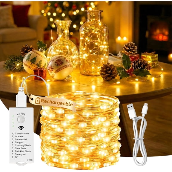 HXWEIYE Rechargeable Fairy Lights with DIY Timer & 8 Modes, 16FT 50LED String Lights Battery Operated Indoor, Twinkle mini Lights for Bedroom Christmas Wedding Centerpiece Decor (Warm White)