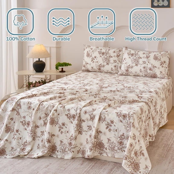 Brown Floral Bed Sheets Set - 4 Piece King Size  Cotton Percale Sheets with Deep Pocket Fitted Sheet