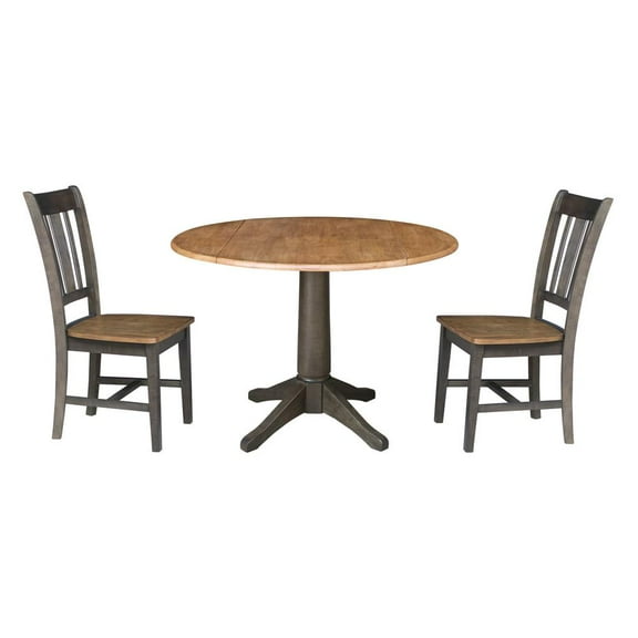 Wood 42 in. Round Drop Leaf Dining Table with 2 Chairs in Hickory/Washed Coal