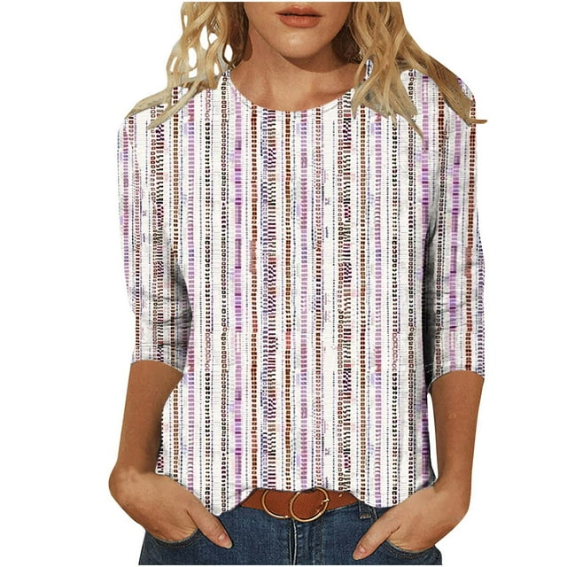 YUGYXL T-Shirts Grande Taille pour Femmes Imprimé Floral Tendance Manches 3/4 Col Rond Tuniques Ajustées Hauts Amples Confortables en Solde Multicolore L