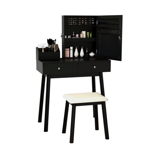 Makeup Vanity Dressing Table Jewelry Cabinet Set With Rectangular Mirror 2 Drawers Black Com Makeup Vanity Dressing Table Jewelry, Vanity Table Jewelry Storage Box