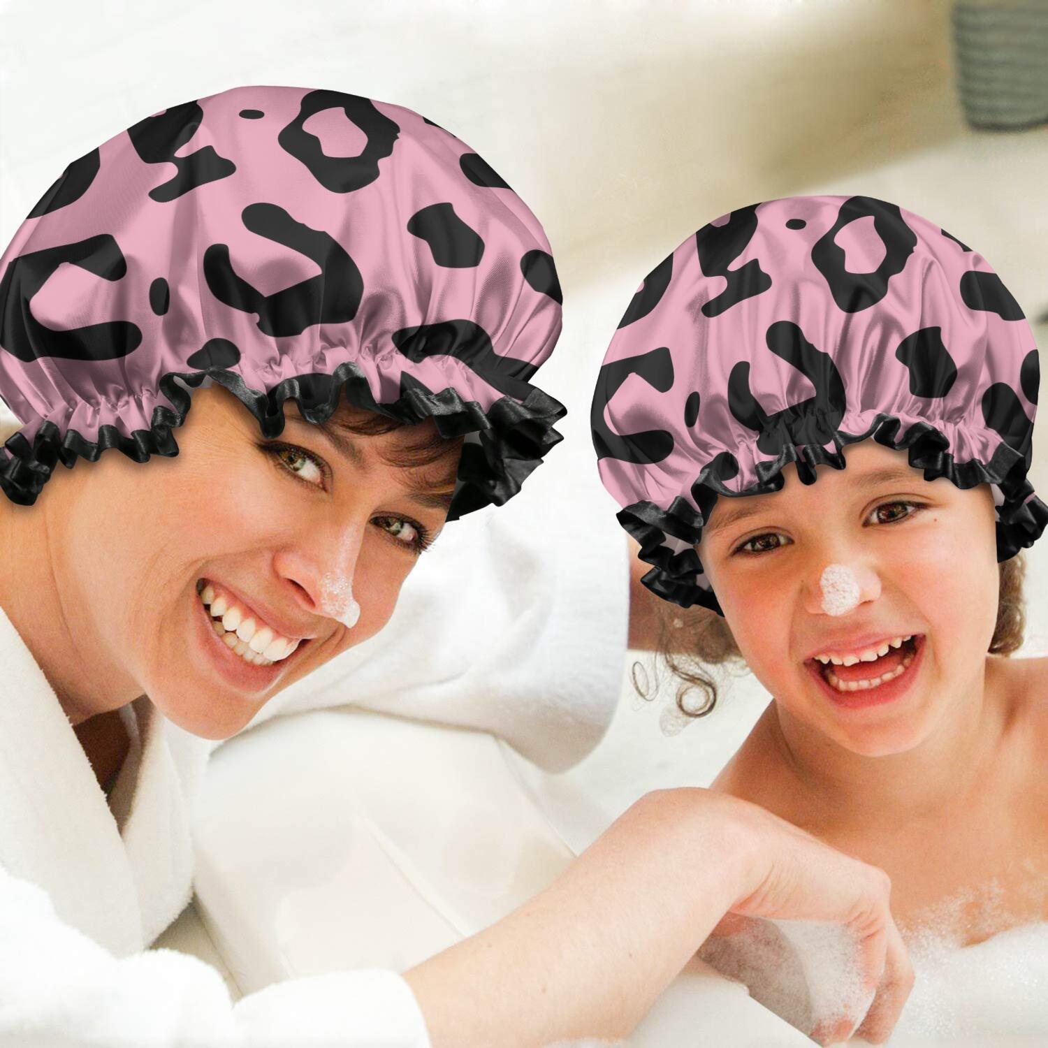 Shower Caps,Pink and Black Of Leopard Print Waterproof Shower Cap for Women 4 Pieces,Double Reusable Hair Cover for Shower PEVA Elastic Stretch Hem