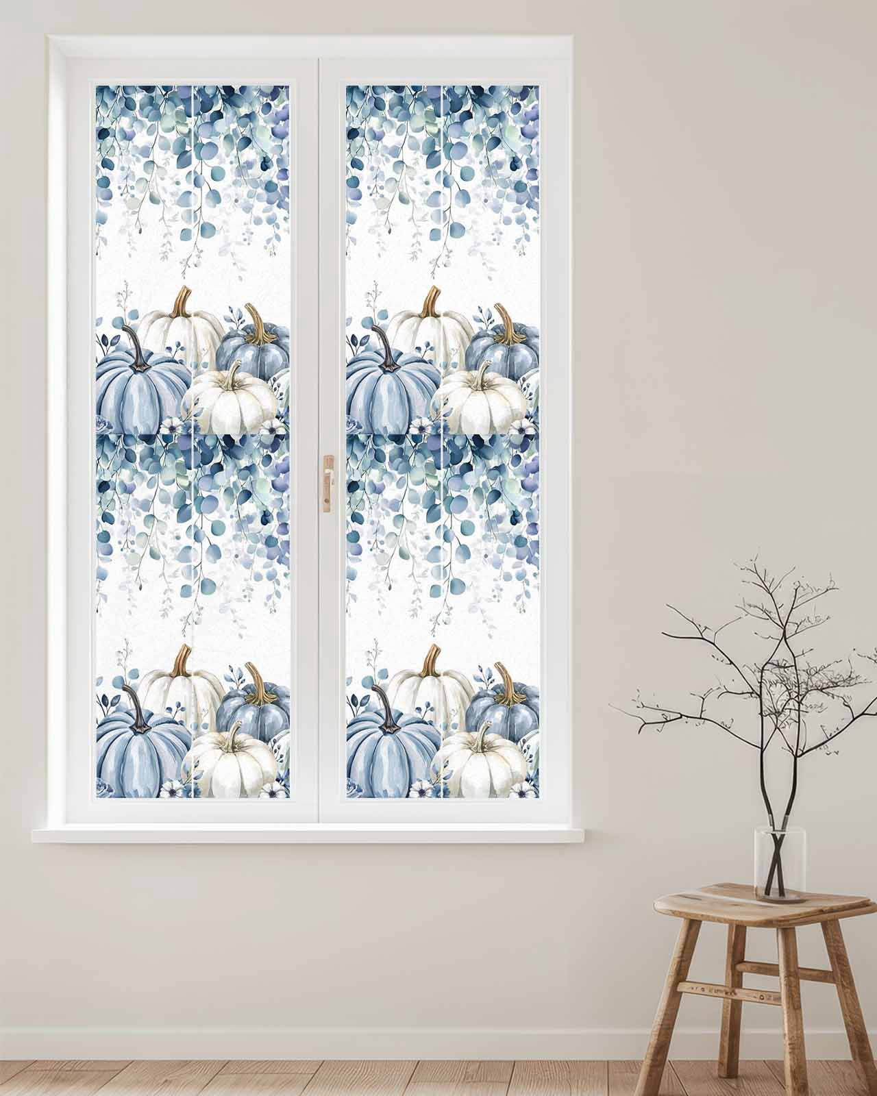 Window Privacy Film Blue Pumpkin Fall Stained Glass Window Film Decorative Sun Block Window Cover Thanksgiving Eucalyptus Leaves Weeping Window Clings Static Adhesive Sticker for Bathroom 17.7"x78.7"