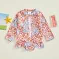 thumbnail image 2 of Bagilaanoe Toddler Baby Girl One-Piece Swimsuit Floral Print Long Sleeve Zipper Rashguard Swimwear 6M 12M 18M 24M 3T Kids Ruffle Bathing Suit, 2 of 8
