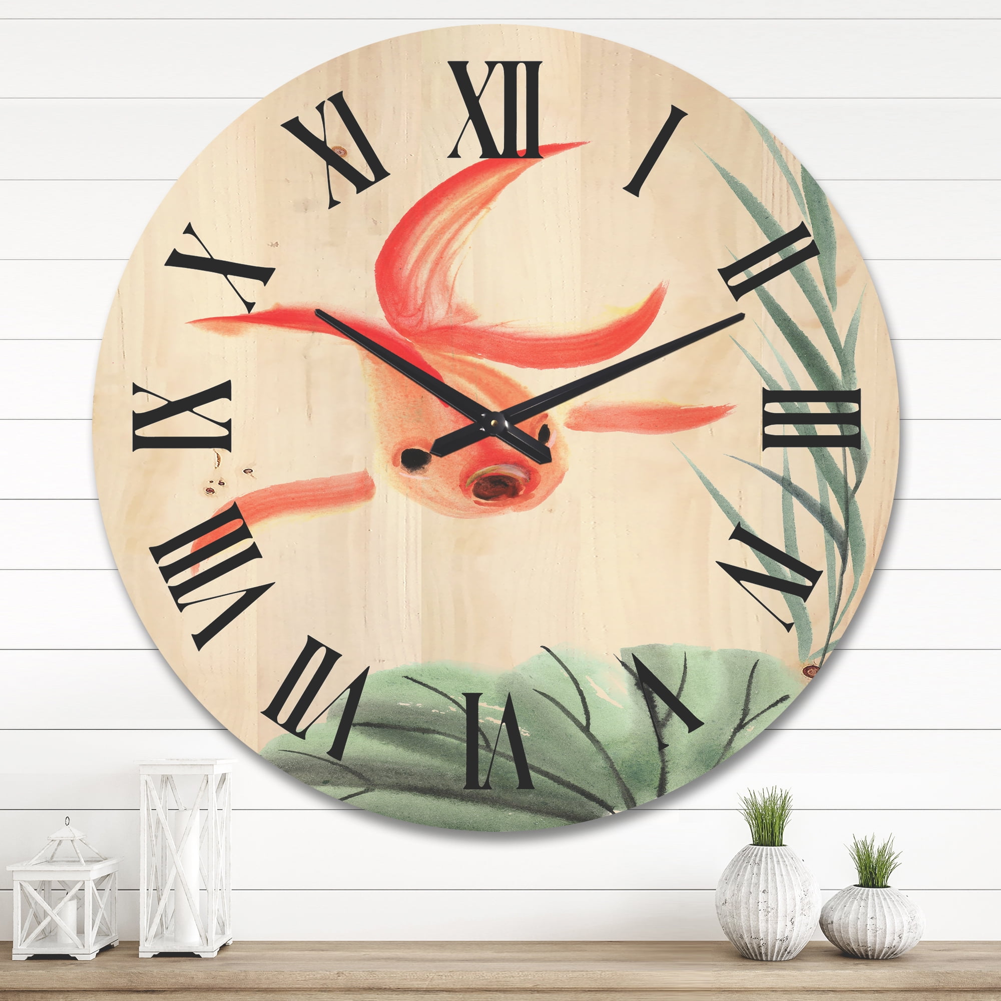 Designart 'Ancient Goldfish and The Lotus Leaf' Nautical & Coastal Wood Wall Clock