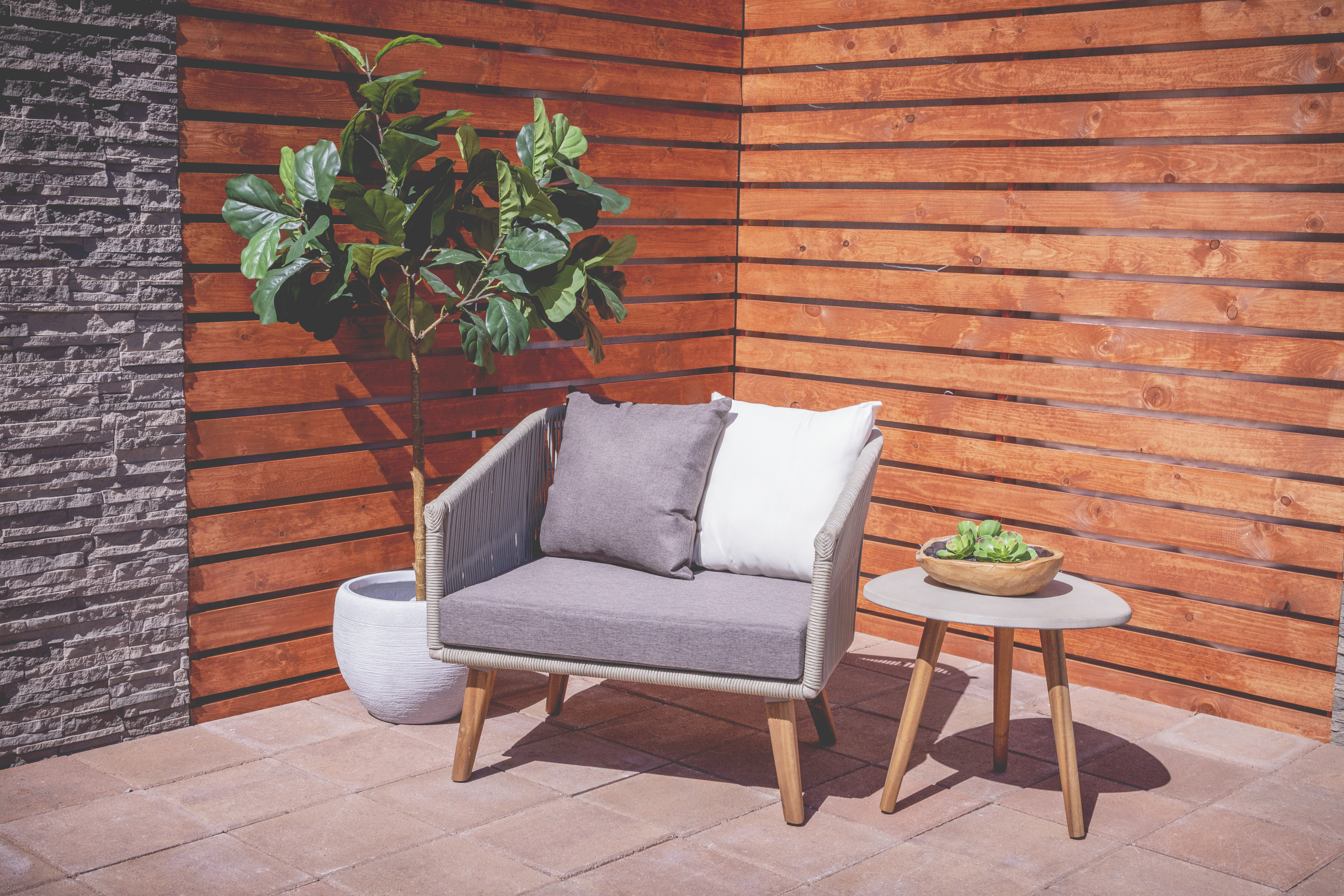 DecMode 20” x 18” Small MidCentury Wood & Gray Outdoor Accent Table