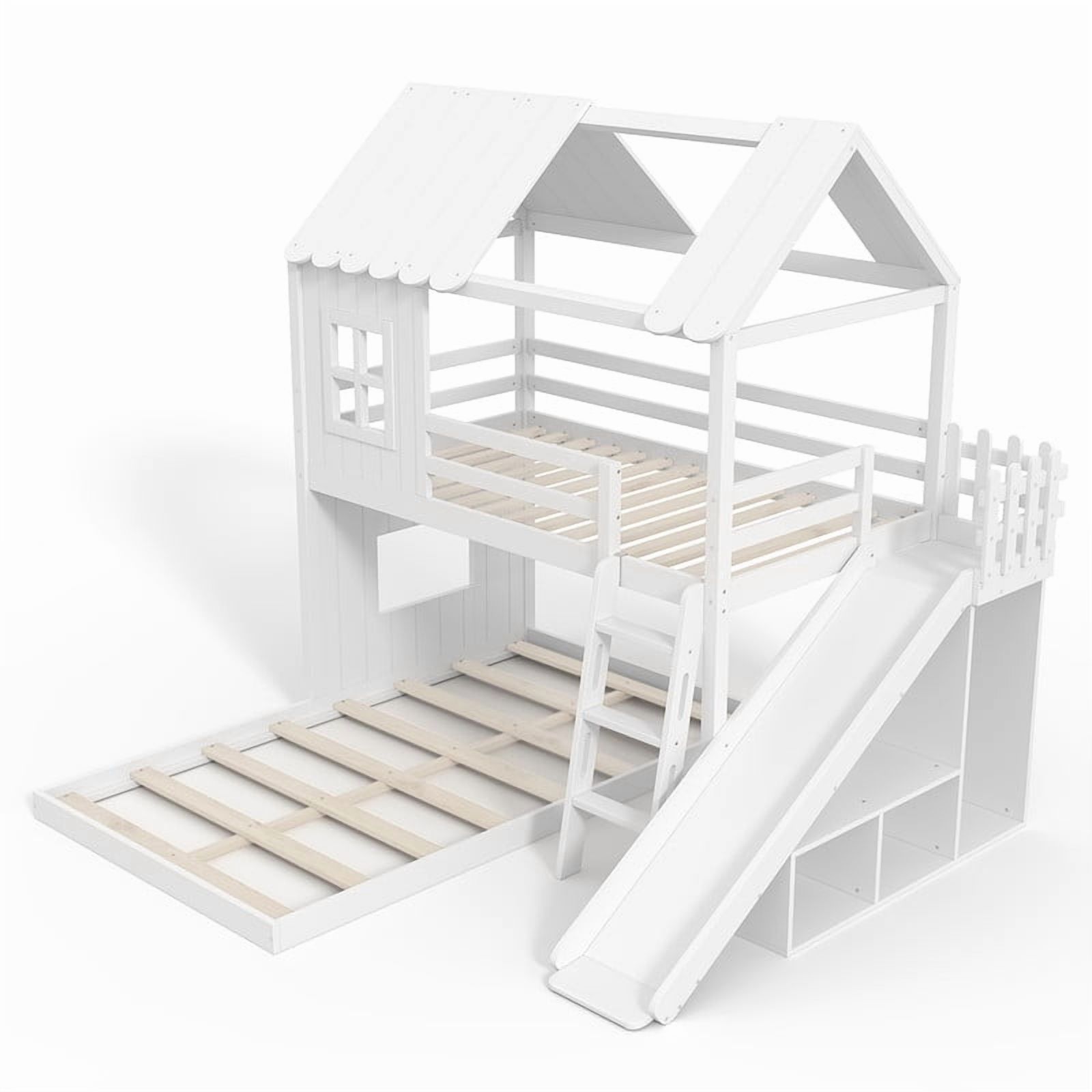 Full Over Full Metal Bunk Bed with Slide, Ladder, LED Light, Privacy Curtain and Movable Storage Cabinet, House-Shaped Kids Bunk Bed with Hanging Rod, No Box Spring Required