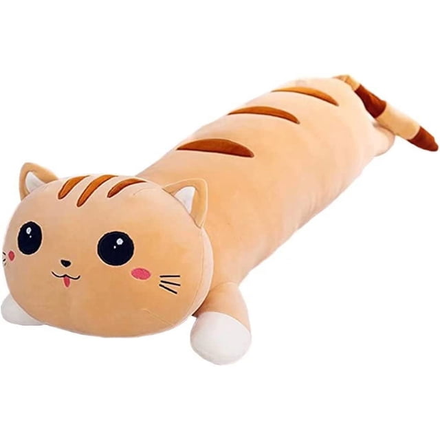 Long Happy Cat Plush Pillow,Stuffed Animals Cat Pillow Cute Sleeping Throw Pillow,Soft Body Pillow Doll Toy Gift for Girlfriend Kids (Brown,20in/50cm)
