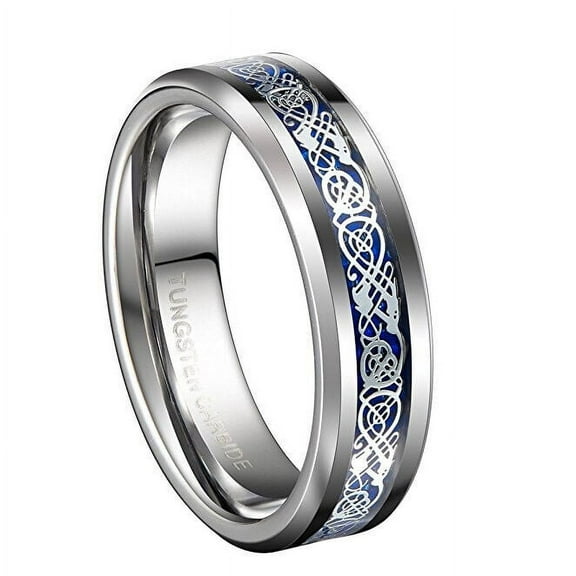 Wedding Rings Womens 6mm Silver Celtic Tungsten Band w/ Silver Blue Carbon