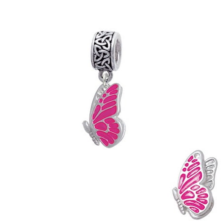 Silvertone Translucent Hot Pink Flying Butterfly - Celtic Knot Charm Bead