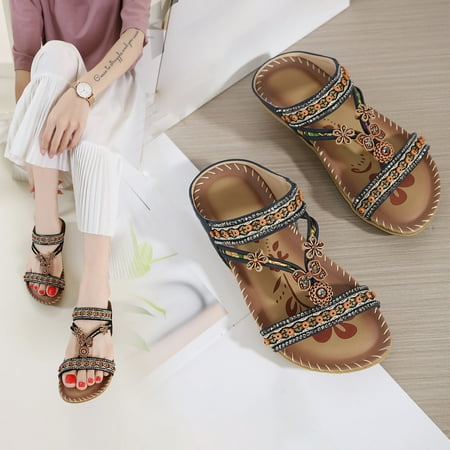 

Bohemian Flat Flower Rhinestone Sandals Outer Beach Sandals