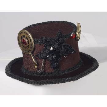 Mini Steampunk Top Hat with Gears Hair Accessory, Black Gold Red, One-Size