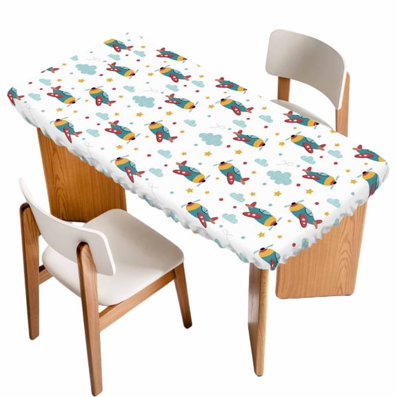 Turquoise Airplane Table Cloths for 5 Foot Rectangle Tables, Modern Art Cartoon Aircraft Clouds Patio Waterproof Elastic Fitted Tablecloths, Washable Rectangular Table Cover for Camping