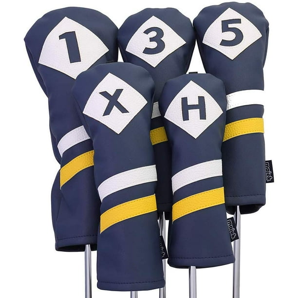Majek Retro Golf Headcovers Blue White and Yellow Vintage Leather Style