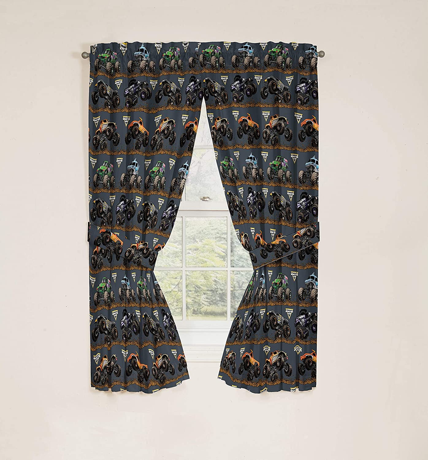 Monster Jam Tracks 2 Panels Drapes Set - 63 Inch Long - Monster Trucks Home Accessories