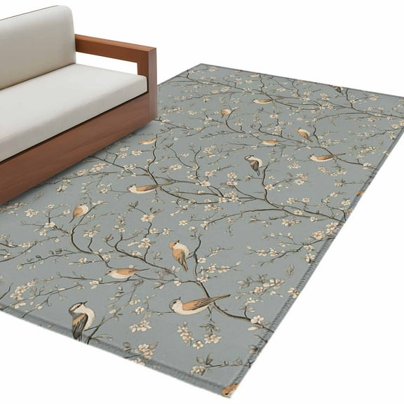 Tree Birds Area Rug 3x5 FT, Non Slip Entryway Bedside Carpet, Vintage Grey Flower Floral Branch Spring Washable Soft Floor Carpet Indoor Mat Non-Shedding Throw Rug for Dorm Kitchen Home Office
