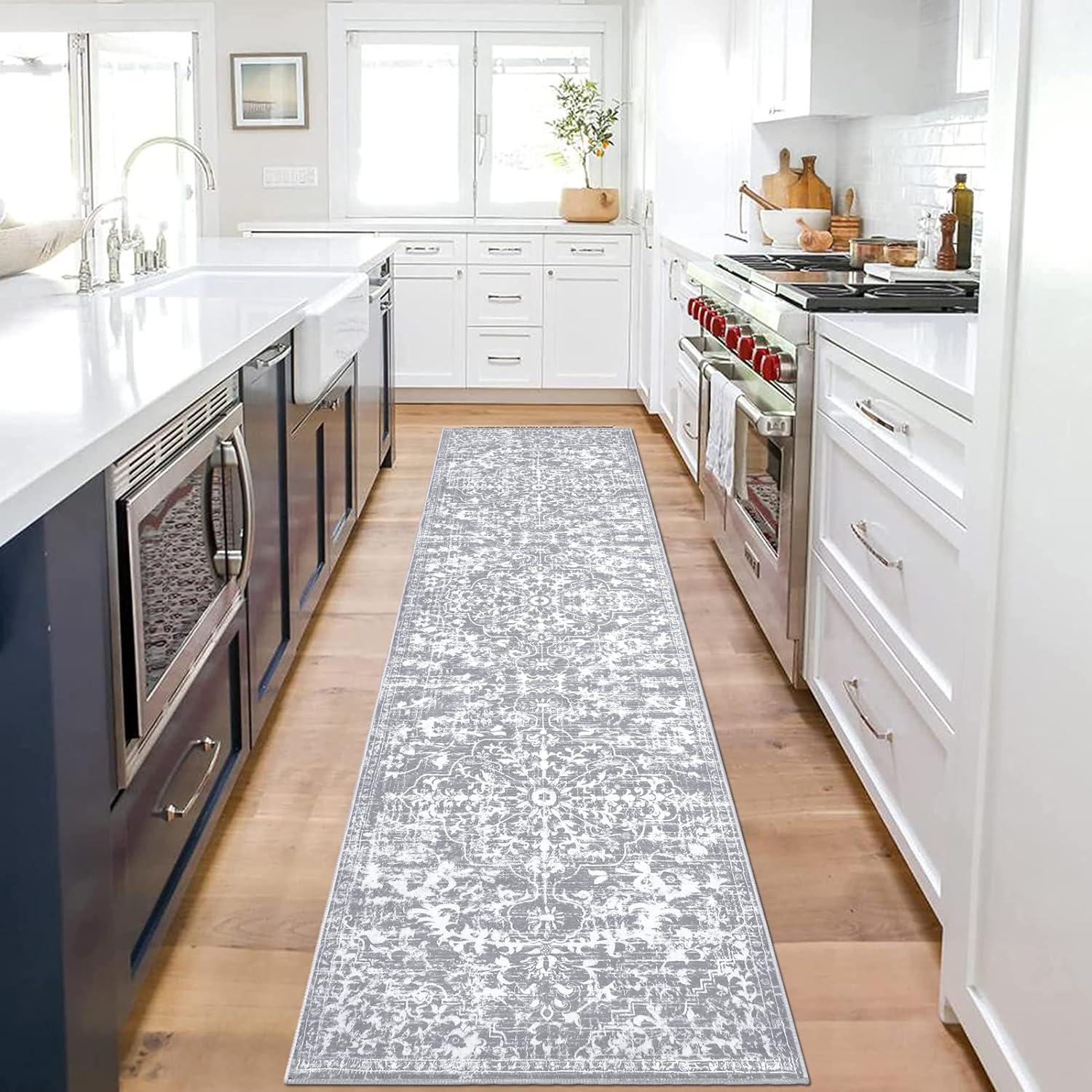 Findosom 2'x8' Vintage Runner Rug 0.4" Distressed Hallway Rug Non Slip Laundry Runner Rug Decor Rug Washable Runner Rug Kitchen Floor Mat Entryway Rug Runner for Laundry Kitchen Entryway, Gray