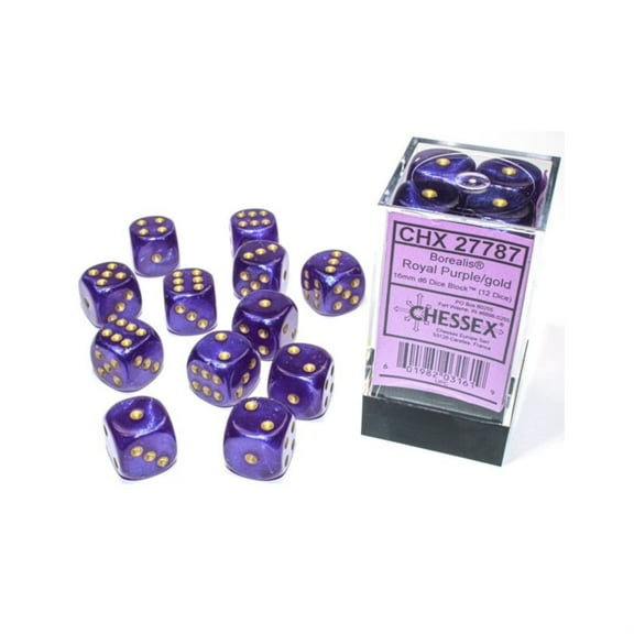 Chessex Borealis 16mm d6 Royal Purple/Gold Luminary Dice Block (12 dice) (27787)