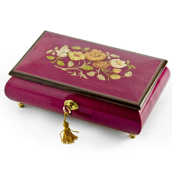 Beautiful 30 Note Red-Wine Floral Inlay Musical Jewelry Box with Lock and Key - Dance of the Sugar Plum Fairy