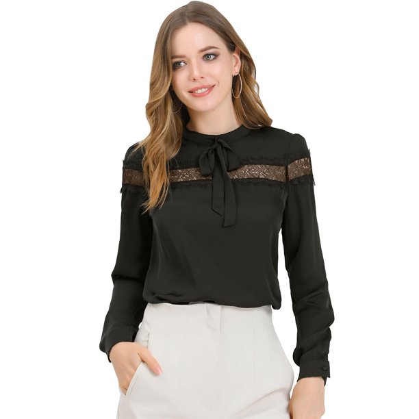 Blusa Elegante Labor De Retazos De Encaje Camisa Cuello Del Lazo Manga Larga Para Mujeres Negro M Unique Bargains Blusa