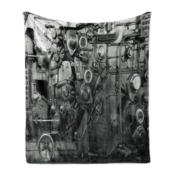 Industrial Soft Flannel Fleece Blanket, Modern Times Detail of Rusted Machine in Factory Physical Equipment Process, Cozy Plush for Indoor and Outdoor Use, 60" x 80", Black and White, by Ambesonne