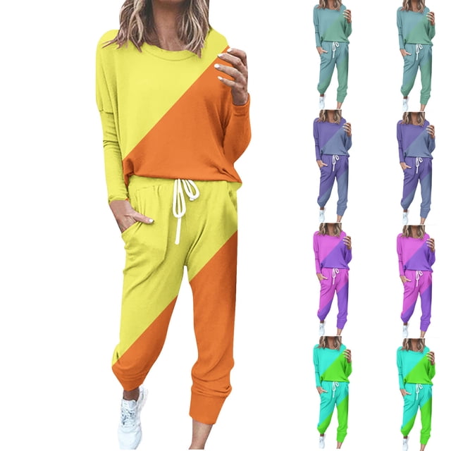 CFLVAEK Plus Size Womens Sweatsuits 2pcs Sets Fashion Color Blocked Graphic Shirts and Drawstring Pants Spring Fall Workout Outfits Set with Pocket Light Blue L